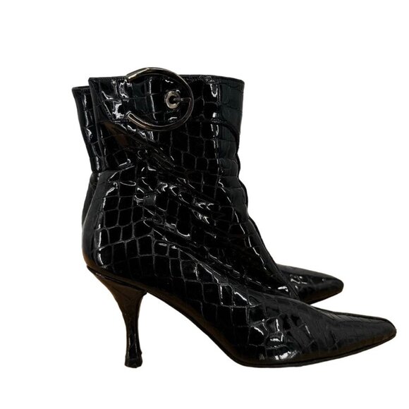 Stuart Weitzman Women size 7.5 Black Patent Leather Croc Zip Buckle Ankle Boots - Picture 1 of 11